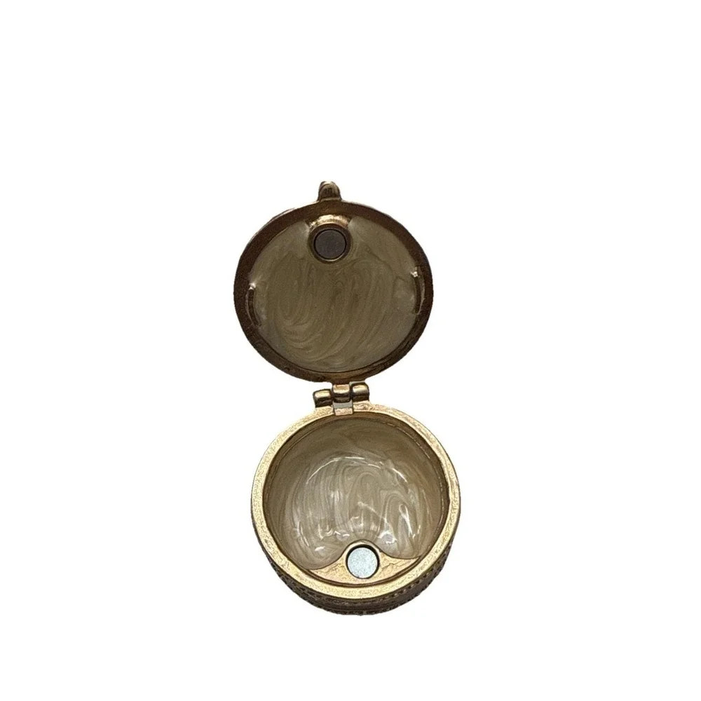Vintage pearl enamel encased Trinket / Pill box container hinged enamel red gold